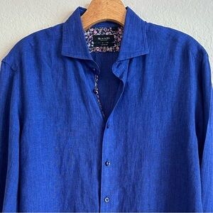 SAND Copenhagen Linen LS Button Down Shirt Blue Mens 42 Floral Flip Cuff Luxury